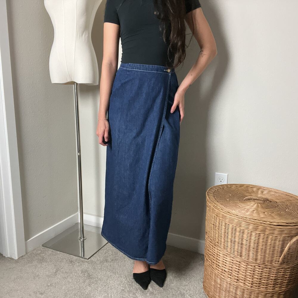 90s vintage blue denim chambray high waisted wrap button maxi skirt